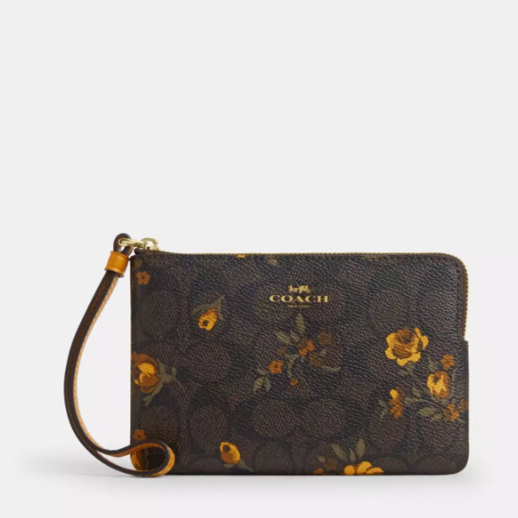 Corner Zip Wristlet In Signature Canvas With Floral Print